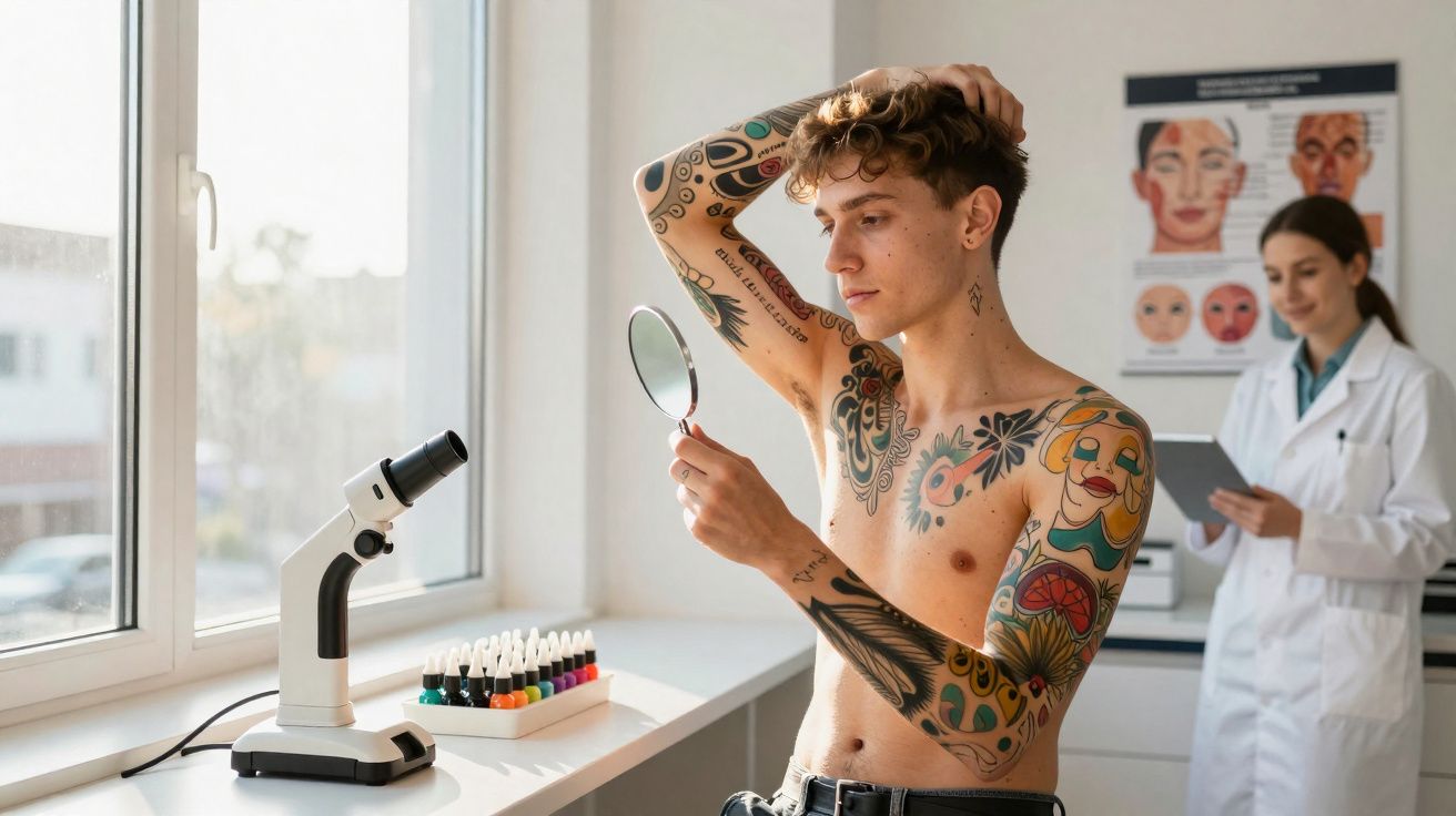 Homem tatuado sem camisa observa tatuagem no espelho em clínica dermatológica com médica ao fundo.