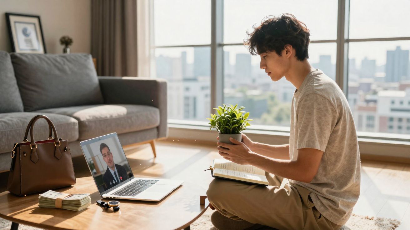 Jovem sentado no chão em videochamada com homem no computador, segurando planta e livro, numa sala iluminada.