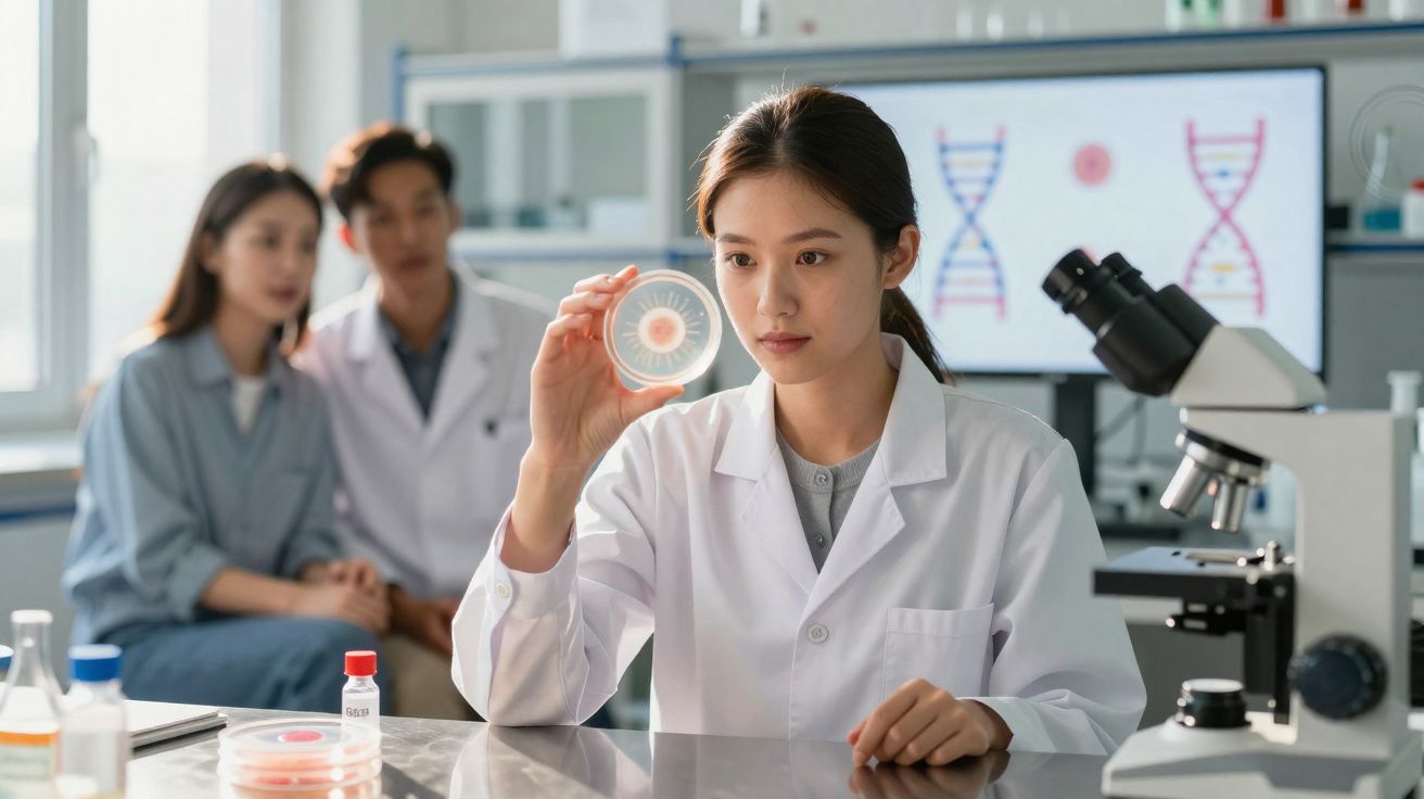 Cientista a analisar placa de petri numa bancada de laboratório, outros dois observam ao fundo.