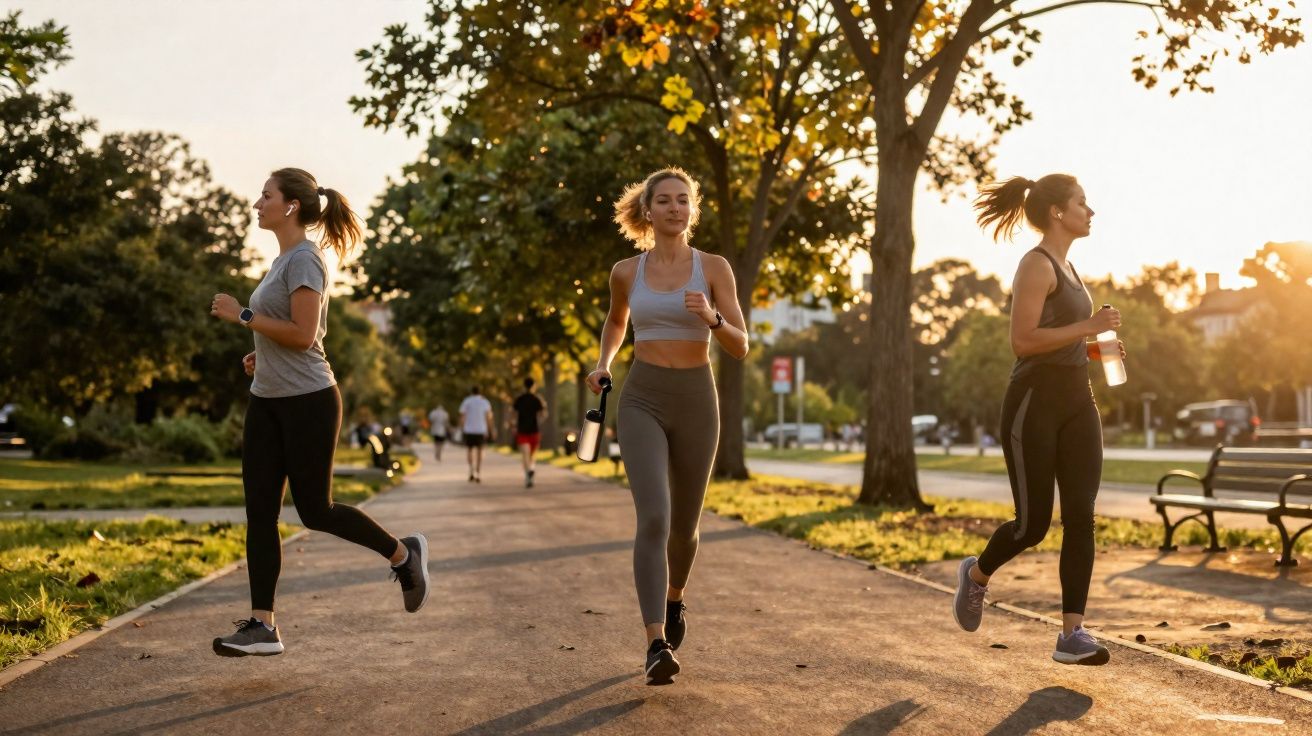Três mulheres a correr e a andar num parque ensolarado ao final da tarde, com árvores e bancos.