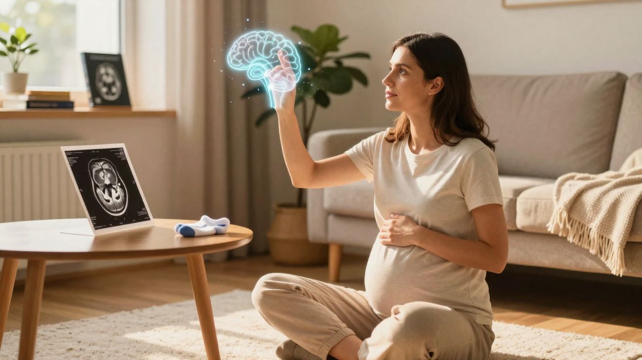 Mulher grávida sentada no chão a interagir com holograma de cérebro, ao lado de mesa com imagens médicas.