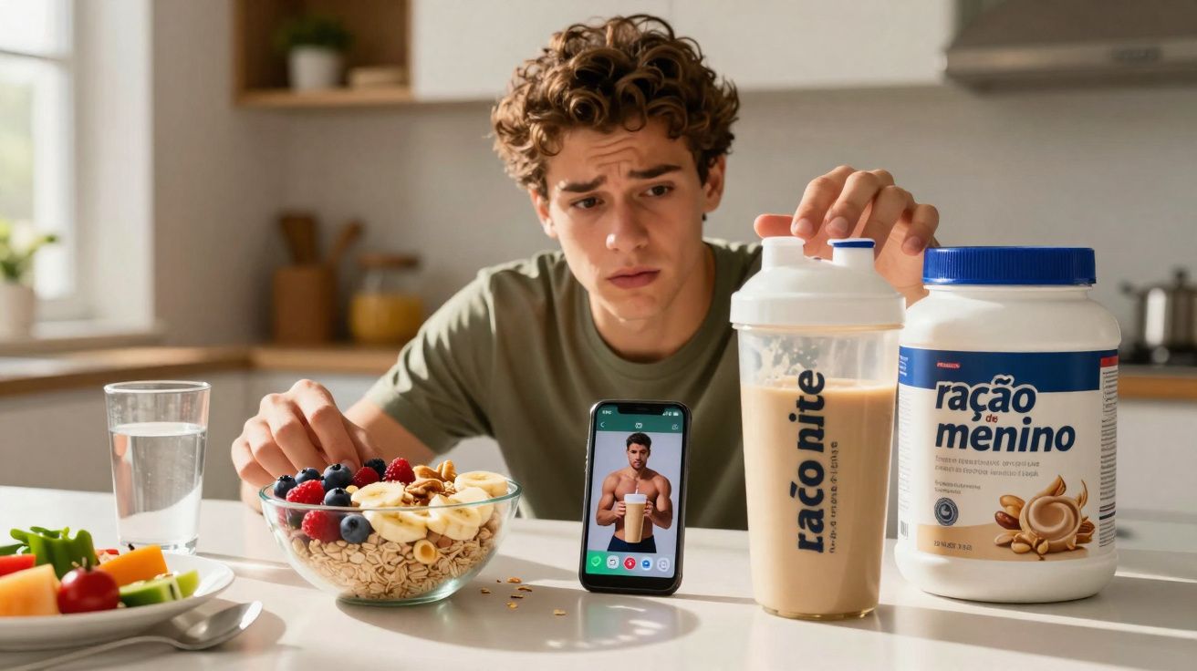 Jovem preocupado na cozinha com bolachas, frutas, batido proteico e imagem no telemóvel de homem musculado.