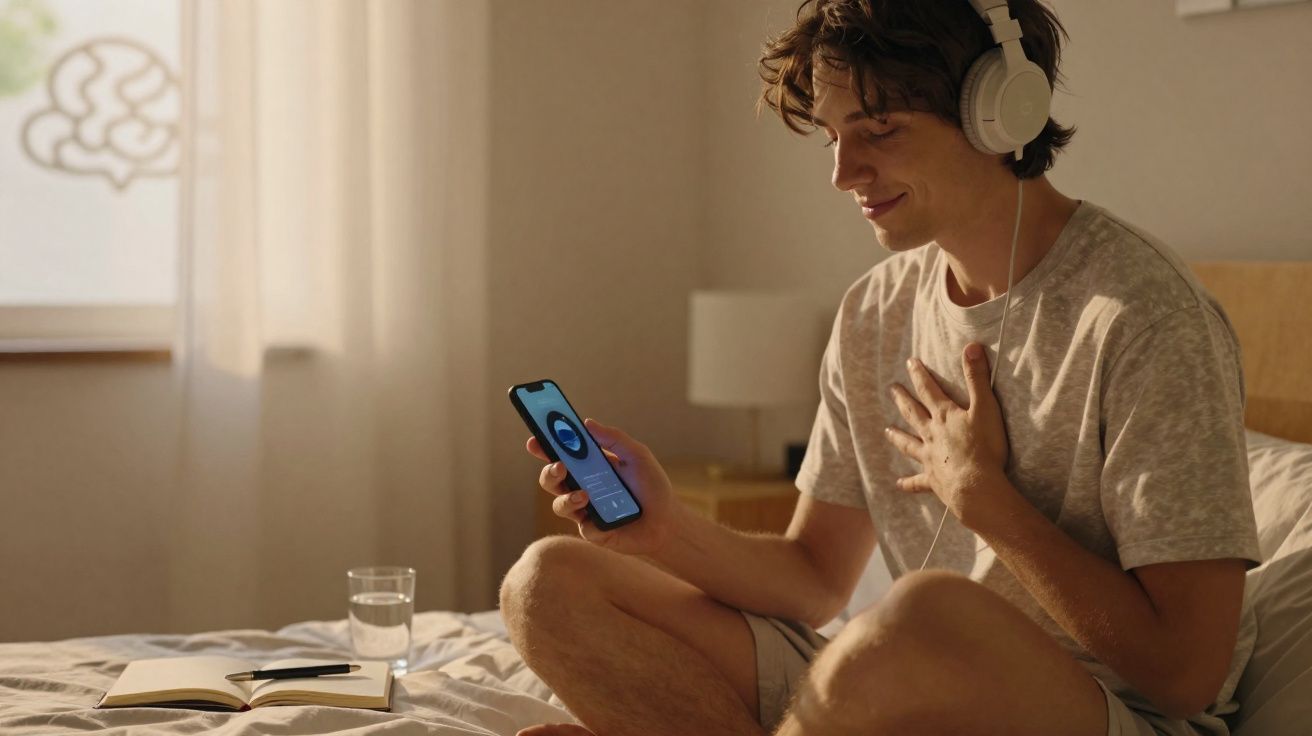 Jovem sentado na cama com auscultadores, segurando um telemóvel e sorrindo, num quarto iluminado.