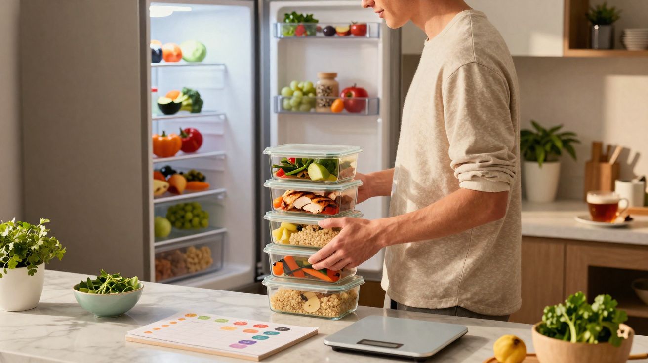 Pessoa a organizar refeições saudáveis em recipientes transparentes na cozinha, com frigorífico aberto ao fundo.