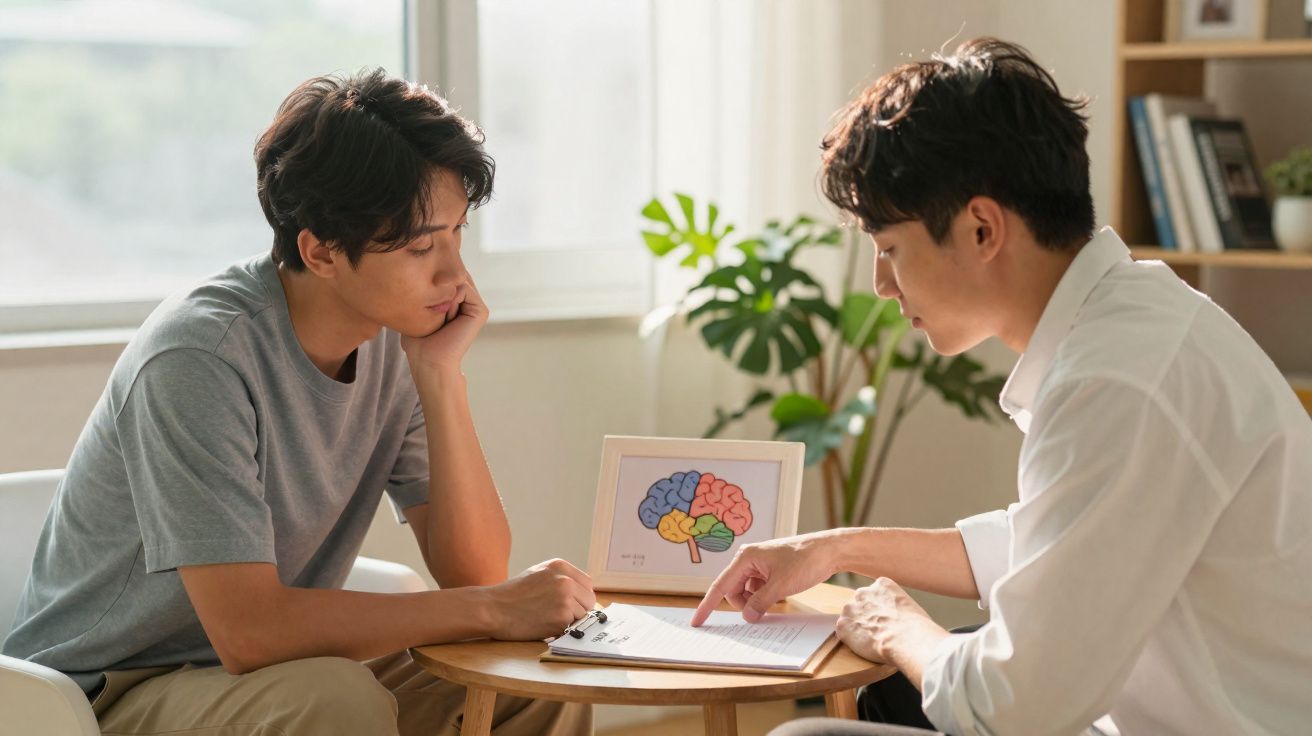 Duas pessoas sentadas à mesa, uma explicando documentos e um cérebro colorido em quadro no meio.