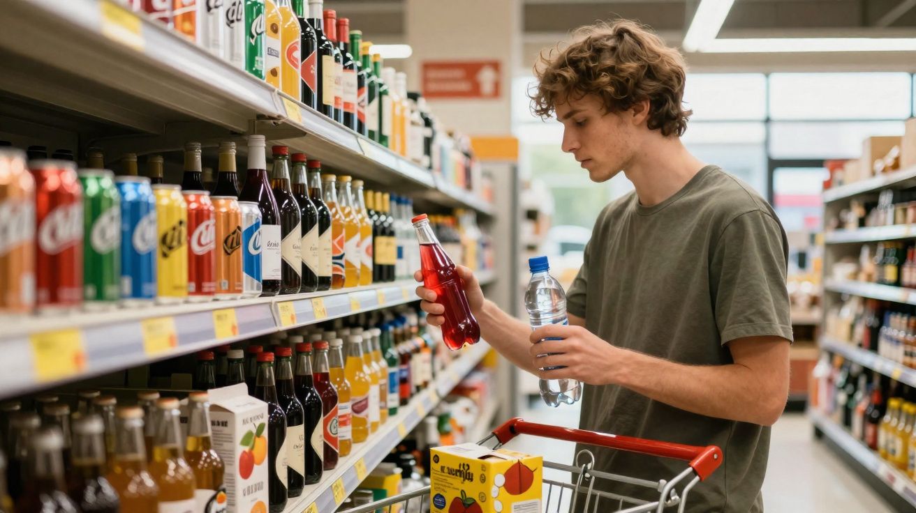 Jovem a escolher entre garrafa de refrigerante e água numa prateleira de supermercado.