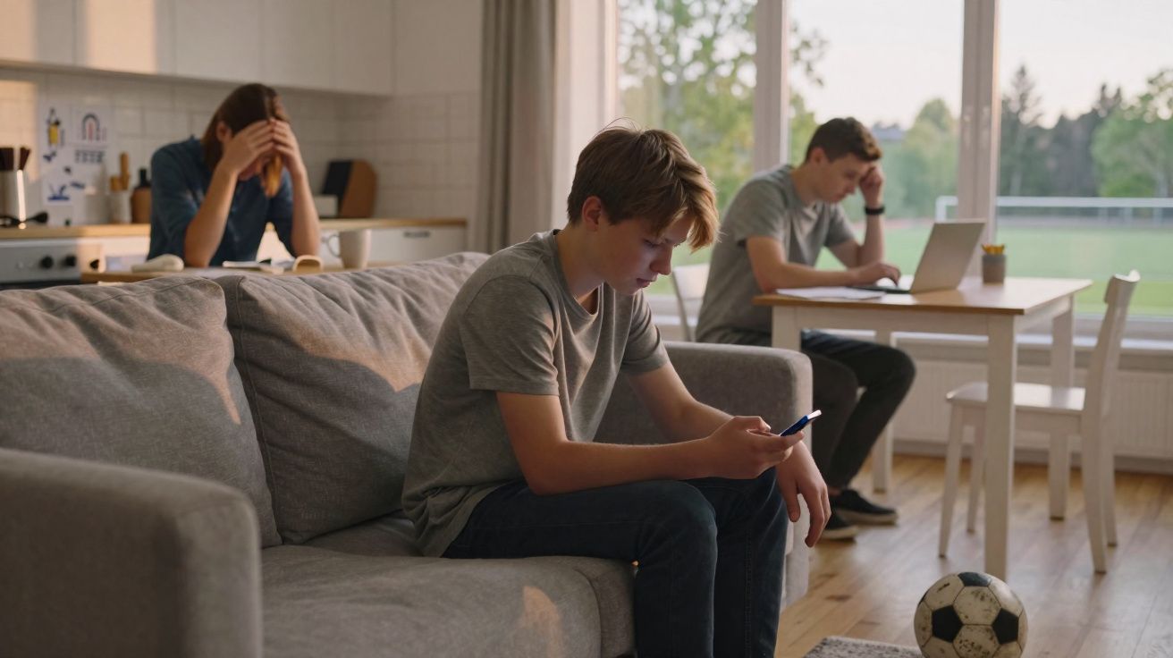 Jovem sentado no sofá a olhar para o telemóvel com mãe e irmão preocupados ao fundo numa sala.