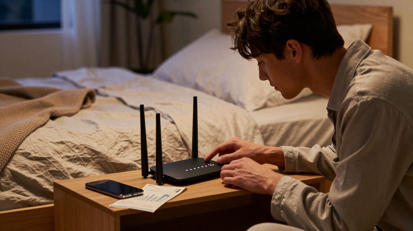 Homem ajusta o router Wi-Fi numa mesa junto à cama num quarto com iluminação suave.