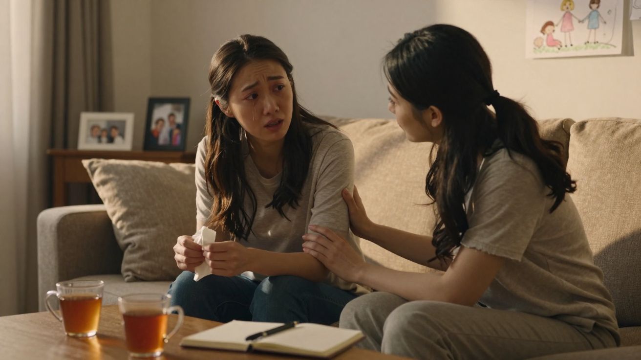 Duas mulheres sentadas no sofá, uma consola a outra que chora segurando um lenço, mesa com chá e caderno à frente.