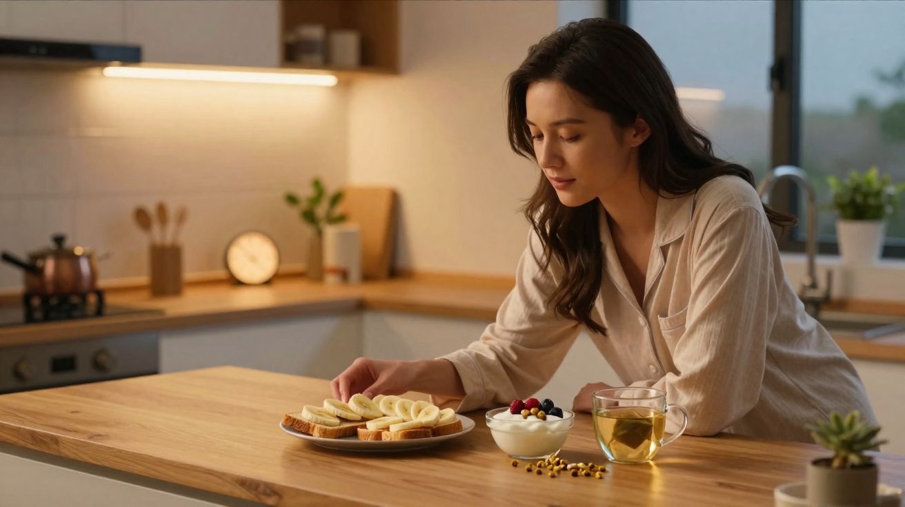 Mulher sentada à mesa da cozinha com chá, iogurte e tostas com banana em ambiente acolhedor.