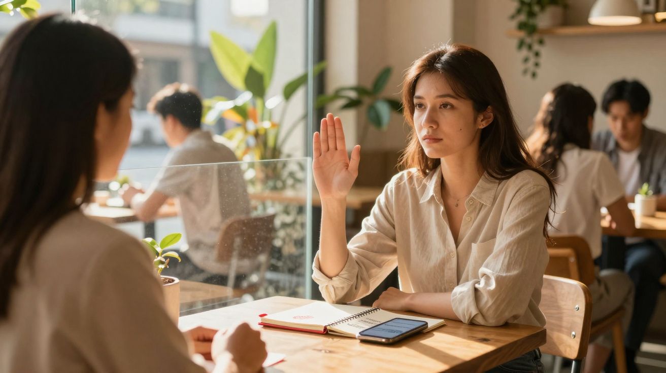 Mulher levanta a mão durante conversa num café com divisória transparente na mesa.