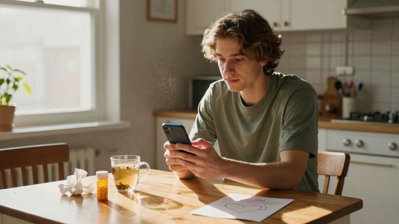 Jovem sentado à mesa da cozinha, a usar telemóvel, com medicamento, chá e lenços ao lado.
