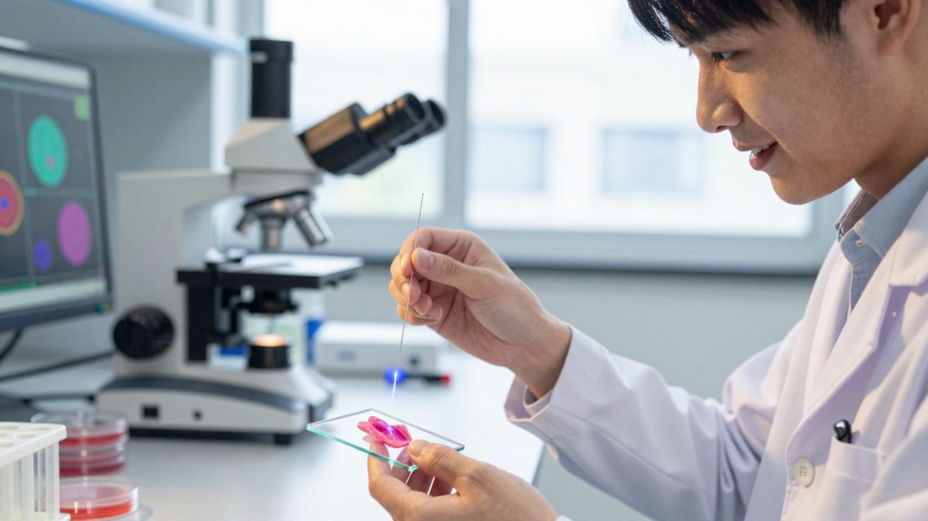 Cientista em laboratório a manipular amostra com luz azul para análise em lâmina de vidro.