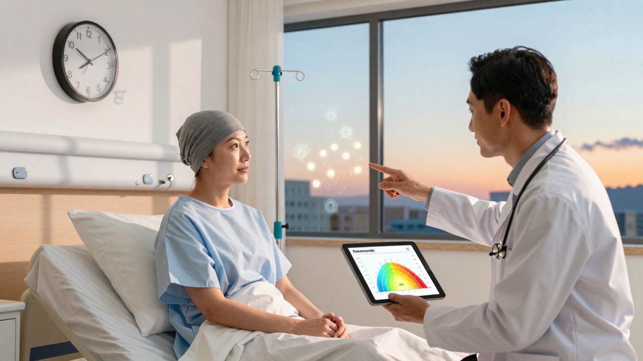 Paciente oncológica na cama do hospital a receber explicações do médico com tablet na mão.