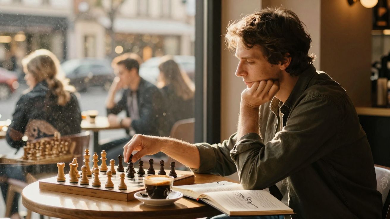 Homem a jogar xadrez sozinho numa cafetaria com um café e um caderno aberto à sua frente.