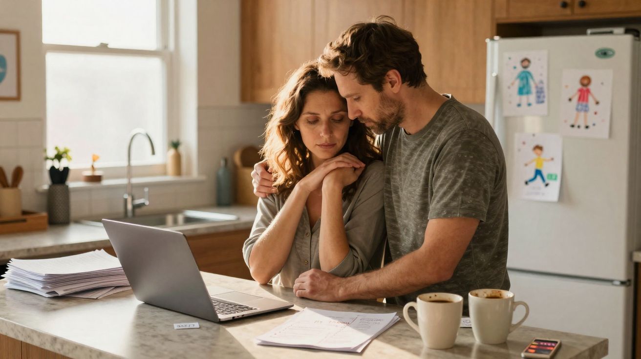 Casal preocupado abraçado na cozinha com laptop e documentos na bancada, ambiente doméstico acolhedor.