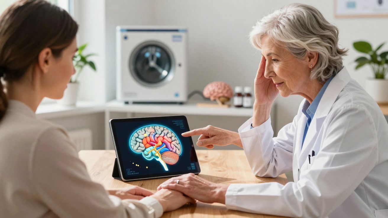 Médica explica exames cerebrais a paciente usando tablet com imagem do cérebro colorida.
