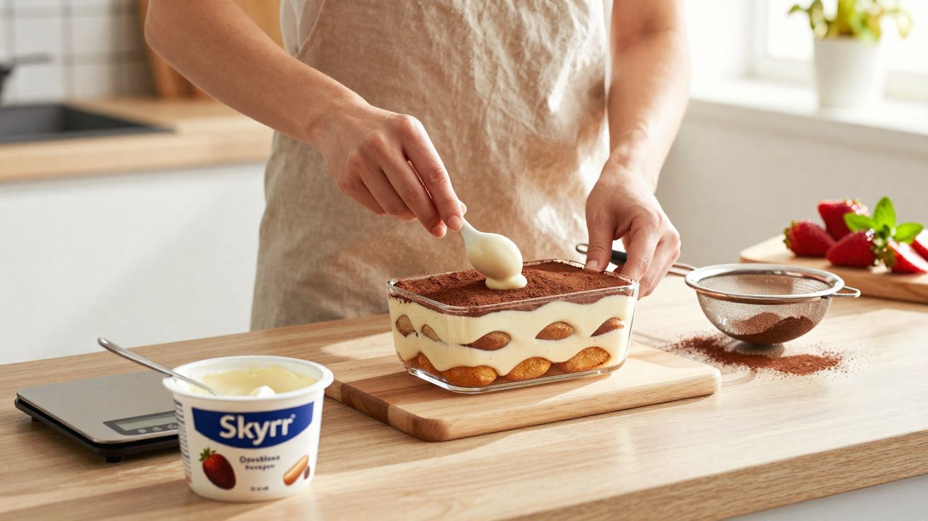 Pessoa a preparar tiramisù com colher, creme Skyr e cacau em pó numa cozinha iluminada.