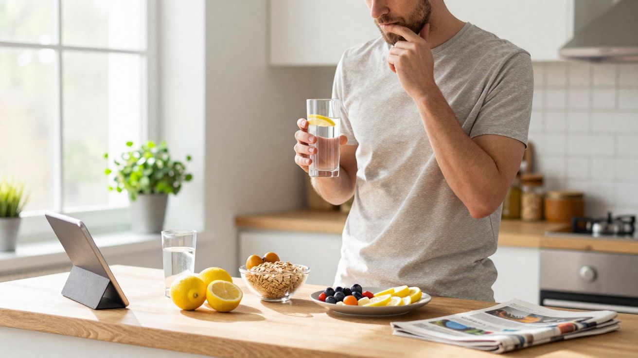 Homem com expressão pensativa segura copo de água com limão na cozinha, com frutas e cereais na mesa.