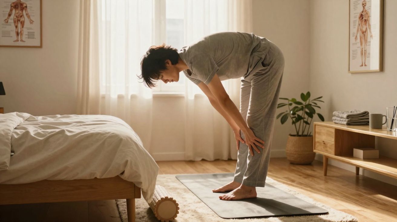 Pessoa a fazer alongamento em tapete de yoga num quarto iluminado com luz natural.