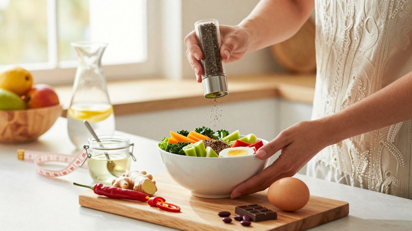 Pessoa temperando salada com legumes coloridos numa cozinha luminosa, com ingredientes e carafe de água ao fundo.