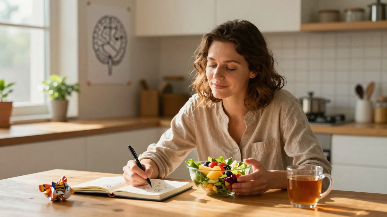 Mulher sentada à mesa a escrever num caderno enquanto segura uma taça de salada na cozinha iluminada.