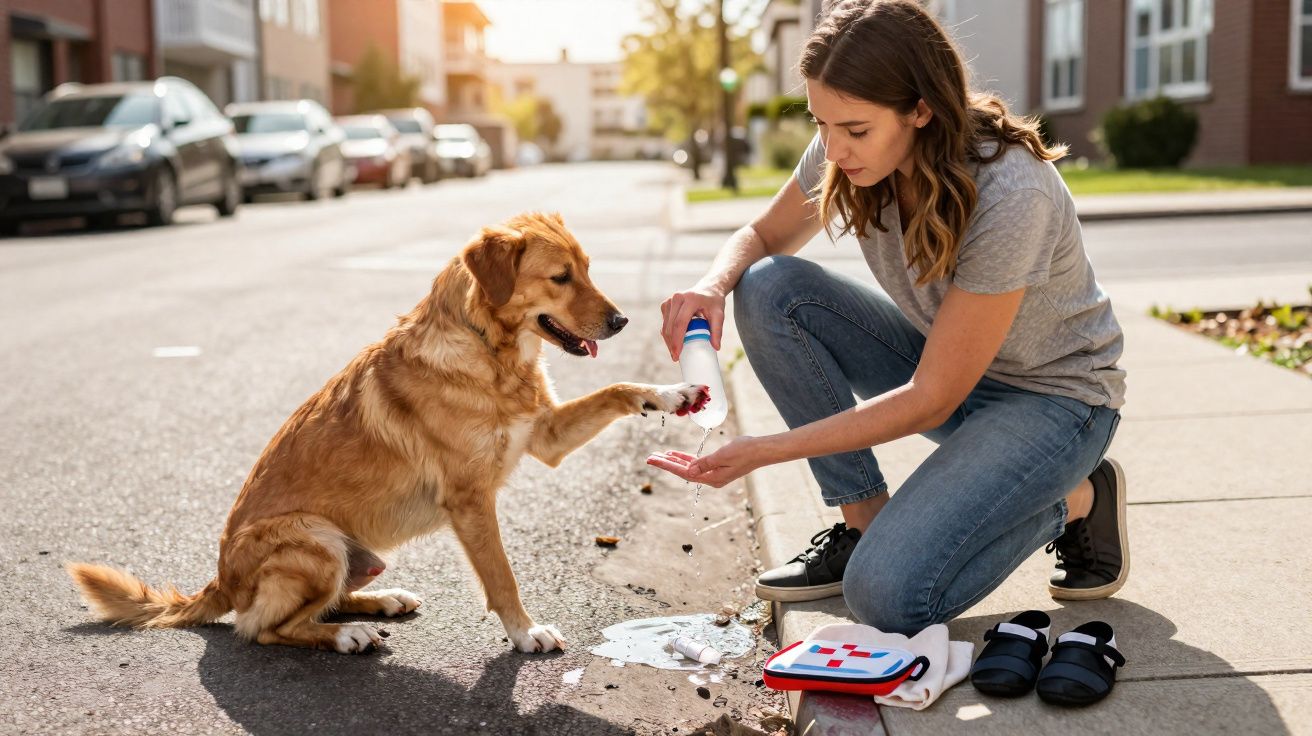 Mulher trata a pata de cão ferida na rua, usando gel desinfetante numa tarde ensolarada.