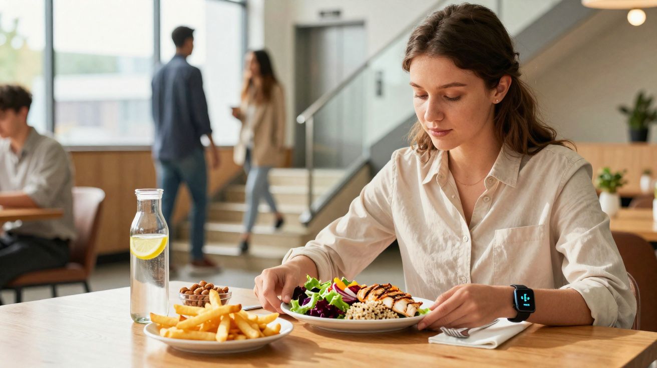Mulher sentada a comer uma salada saudável com batatas fritas num restaurante moderno e iluminado.