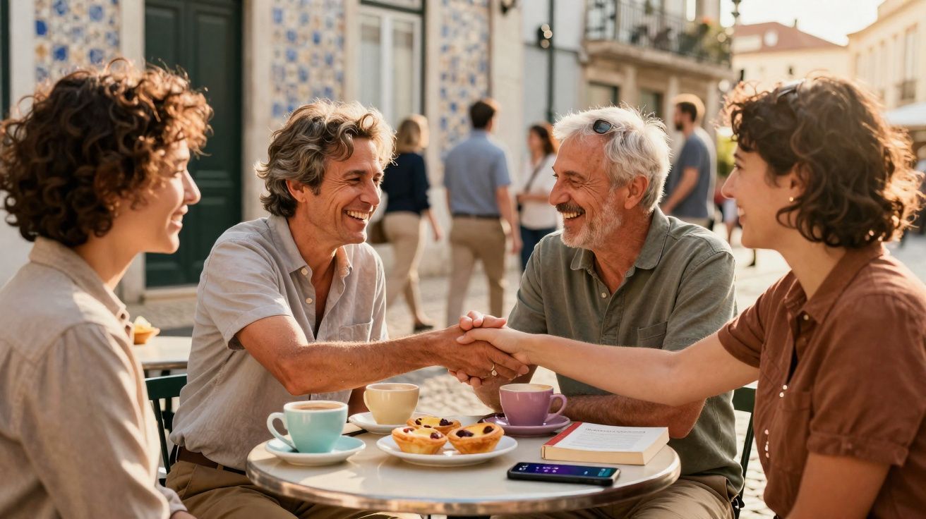 Quatro pessoas sentadas numa esplanada sorrindo, com duas a apertar as mãos sobre uma mesa com café e pastelaria.