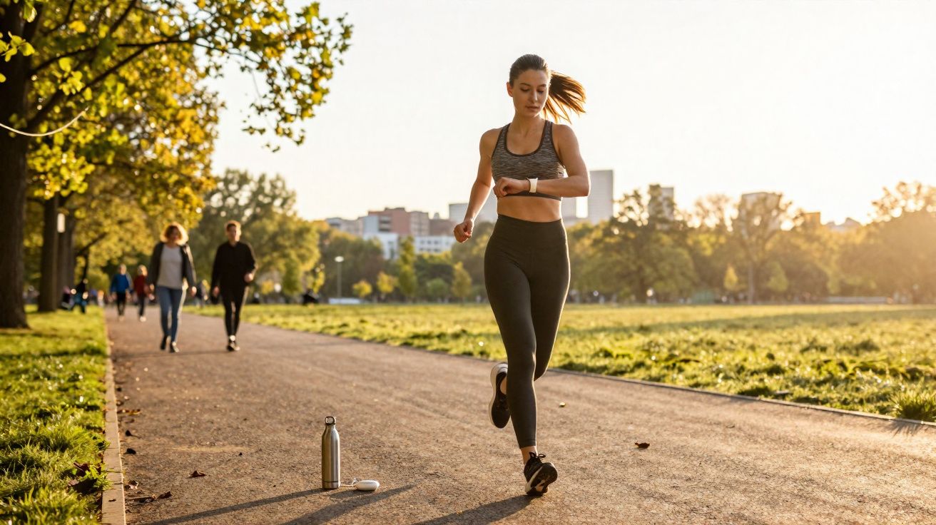 Jovem a correr num parque ao pôr do sol, com pessoas a passear ao fundo e uma garrafa de água no chão.