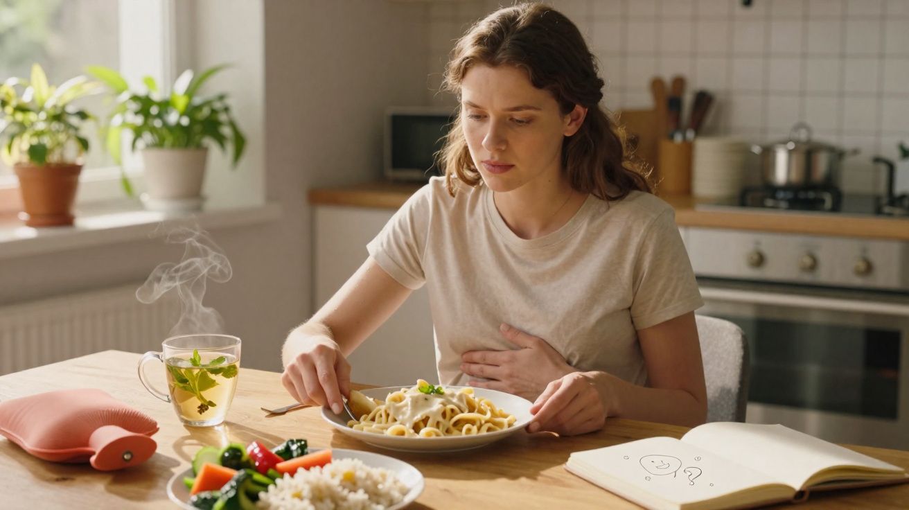Mulher com má disposição a segurar a barriga enquanto olha para comida numa mesa de cozinha iluminada.