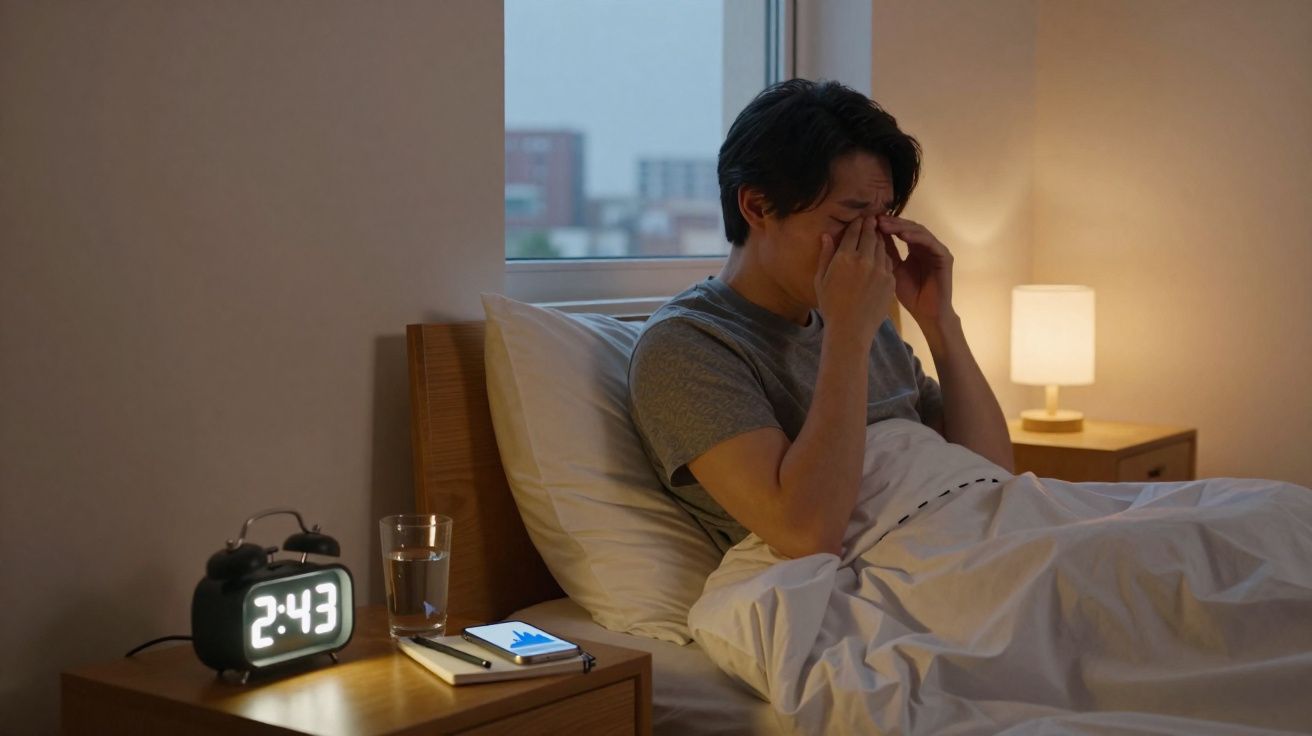 Homem sentado na cama à noite, esfregando os olhos, ao lado de despertador e copo de água.