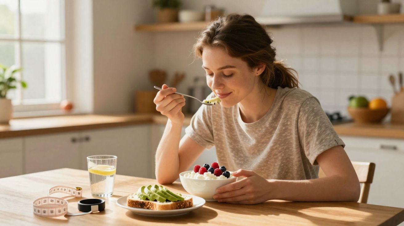 Mulher jovem a comer papa de aveia com frutos vermelhos numa cozinha luminosa e moderna.