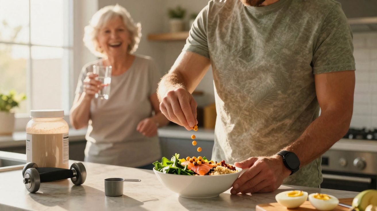 Homem a preparar salada saudável na cozinha enquanto mulher idosa bebe água e sorri ao fundo.