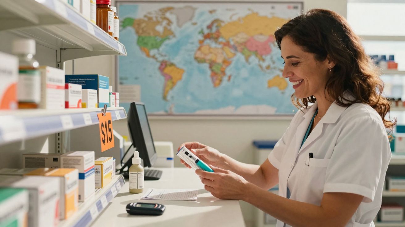 Farmacêutica sorridente a verificar medicamento numa farmácia com mapa-múndi ao fundo.