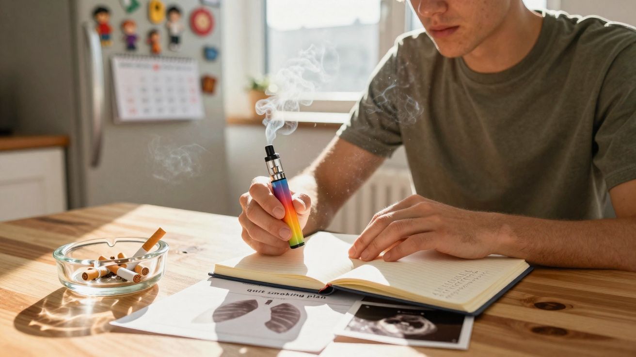 Pessoa a segurar um cigarro eletrónico colorido enquanto lê um caderno numa mesa com cinzeiro e folhas.