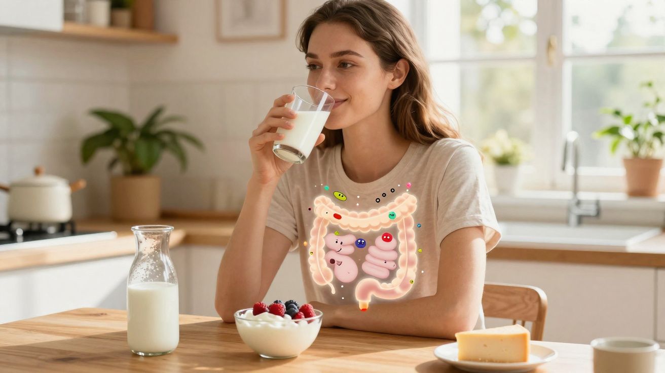 Mulher a beber leite, com ilustração do sistema digestivo e flora intestinal visível na t-shirt.