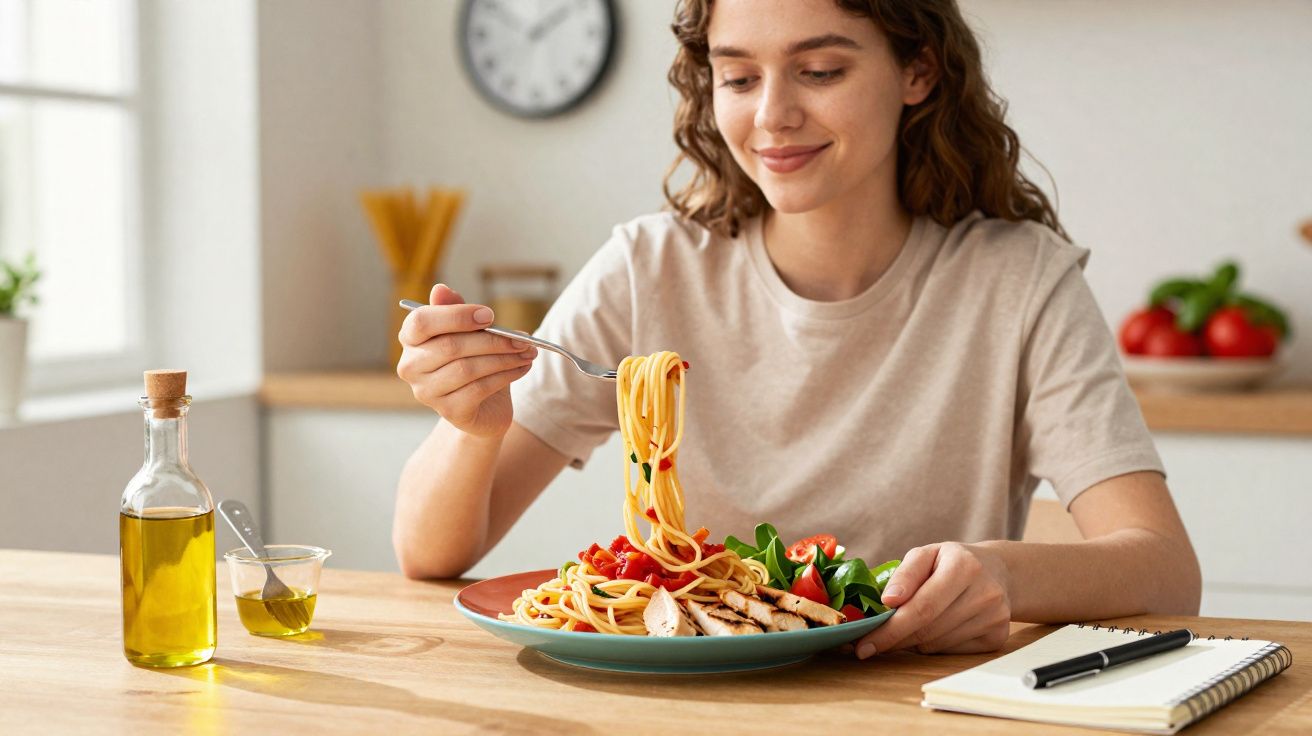 Mulher a sorrir enquanto come esparguete com frango grelhado e salada numa cozinha luminosa.