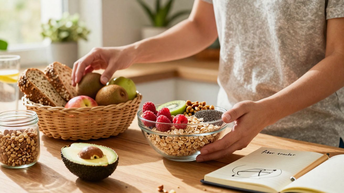 Pessoa a preparar taça com granola, frutos vermelhos, kiwi e sementes numa cozinha luminosa.
