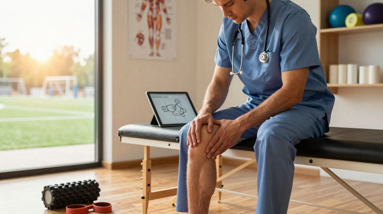 Médico sentado numa clínica a examinar o joelho de um paciente, com tablets e equipamento de fisioterapia ao fundo.