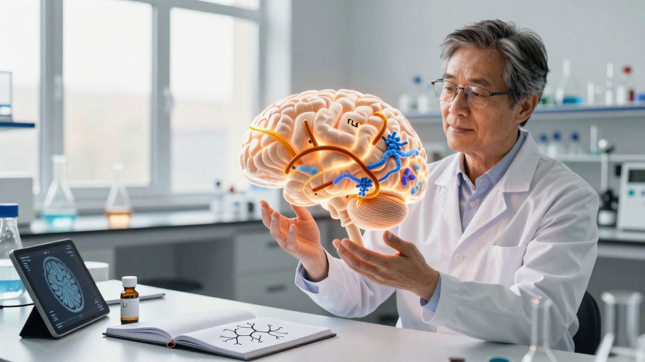 Cientista em laboratório a analisar modelo digital 3D de cérebro humano suspenso no ar.