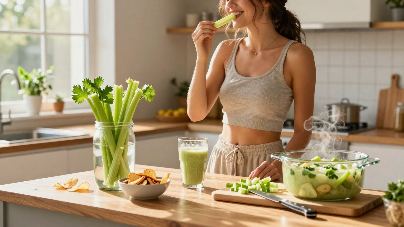 Mulher a comer aipo numa cozinha moderna com sumo verde e utensílios de cozinha na bancada.