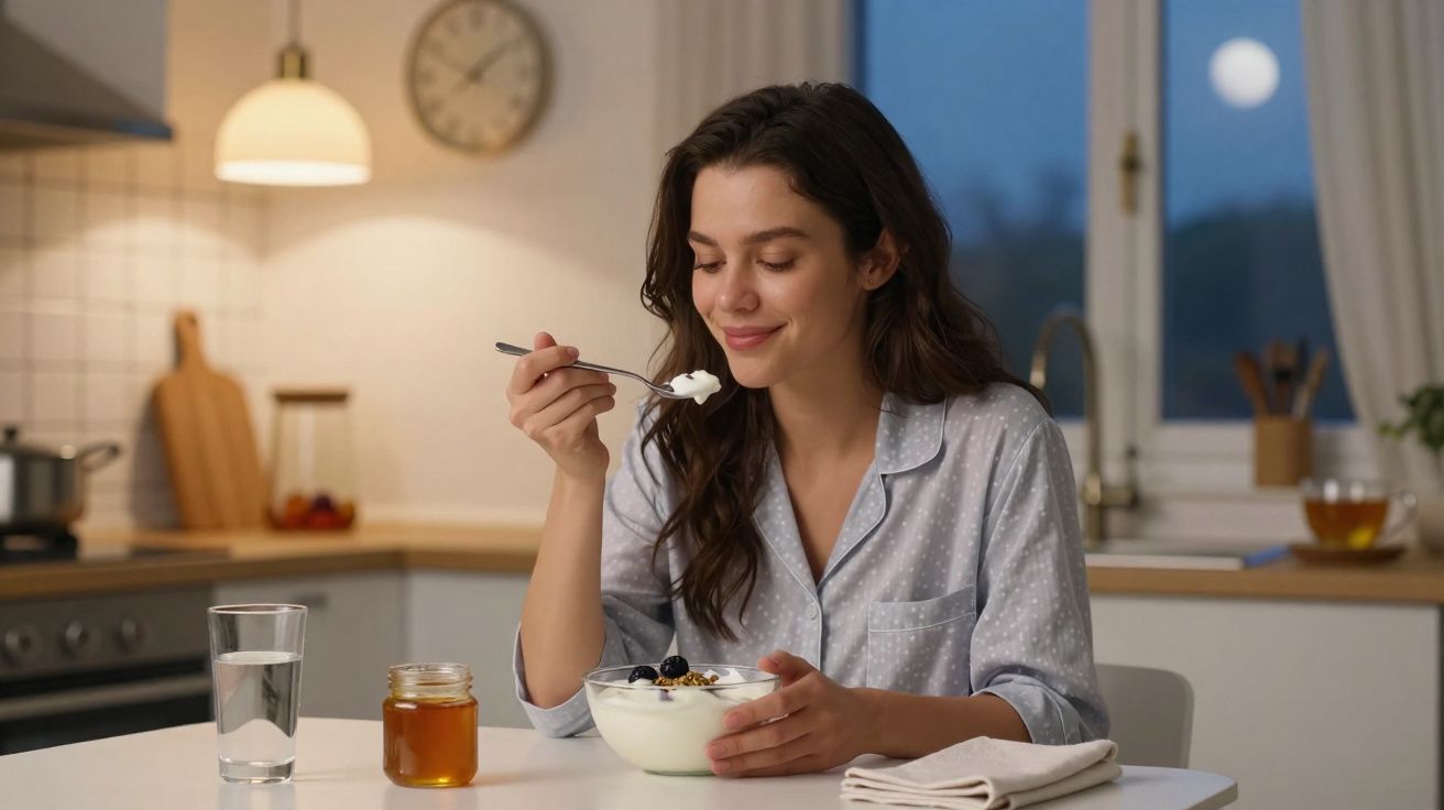 Mulher a comer iogurte com frutos numa cozinha moderna, de noite, sentada à mesa com jarro de mel e copo de água.