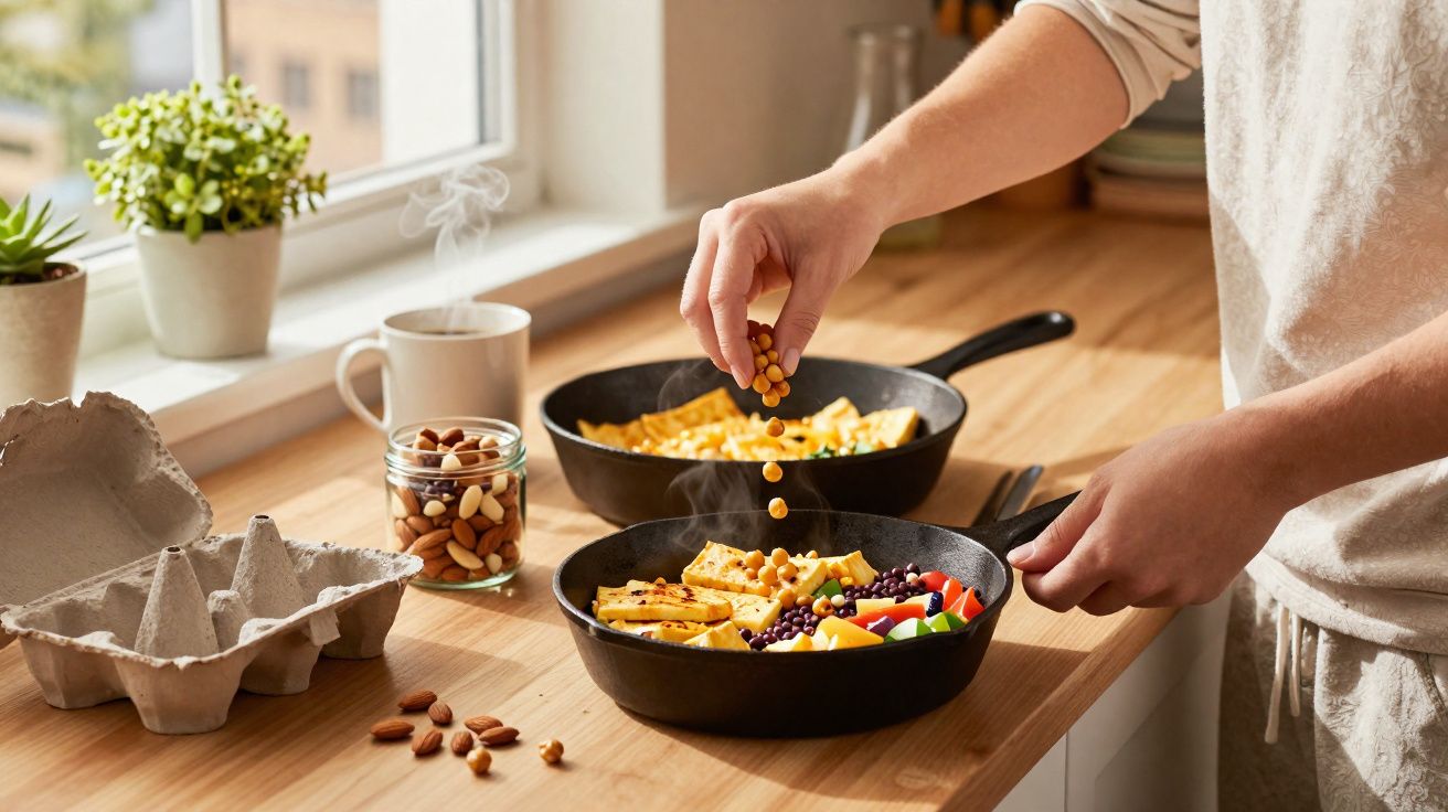 Pessoa a preparar refeição saudável com legumes e frutos secos em frigideiras numa cozinha iluminada.