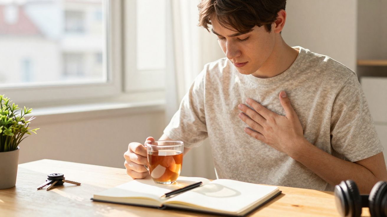 Jovem sentado a beber chá e segurando o peito, com livro aberto à frente numa mesa luminosa.