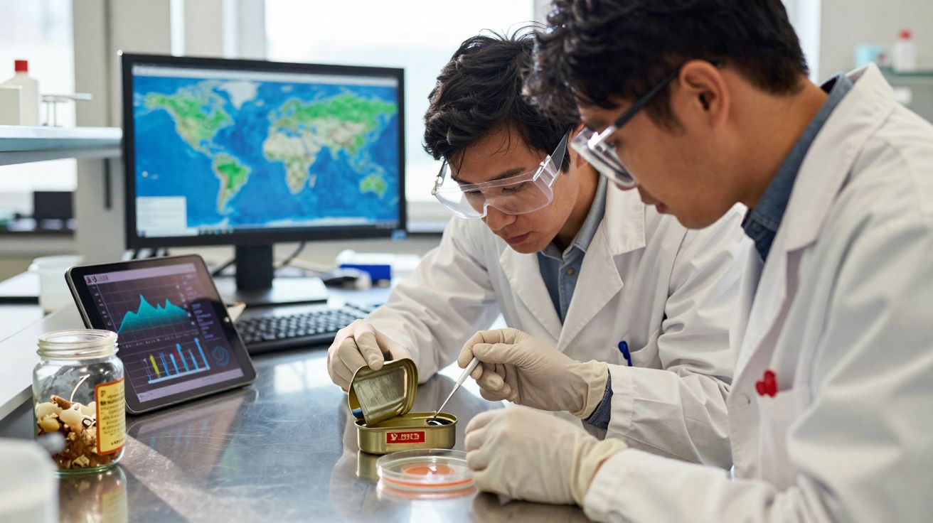 Dois cientistas com bata e óculos de proteção analisam amostras numa lata metálica num laboratório.