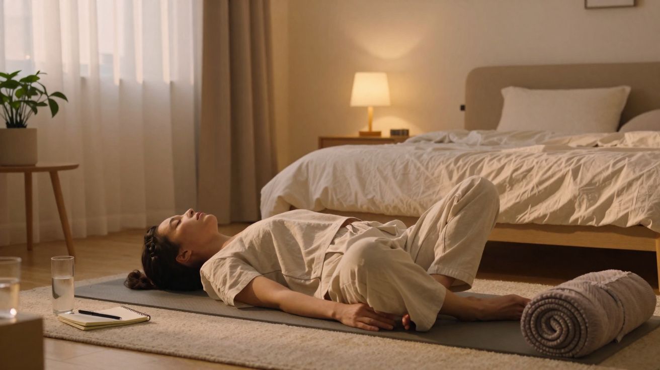 Mulher deitada de olhos fechados sobre tapete no quarto, com cama, candeeiro e plantas ao fundo.
