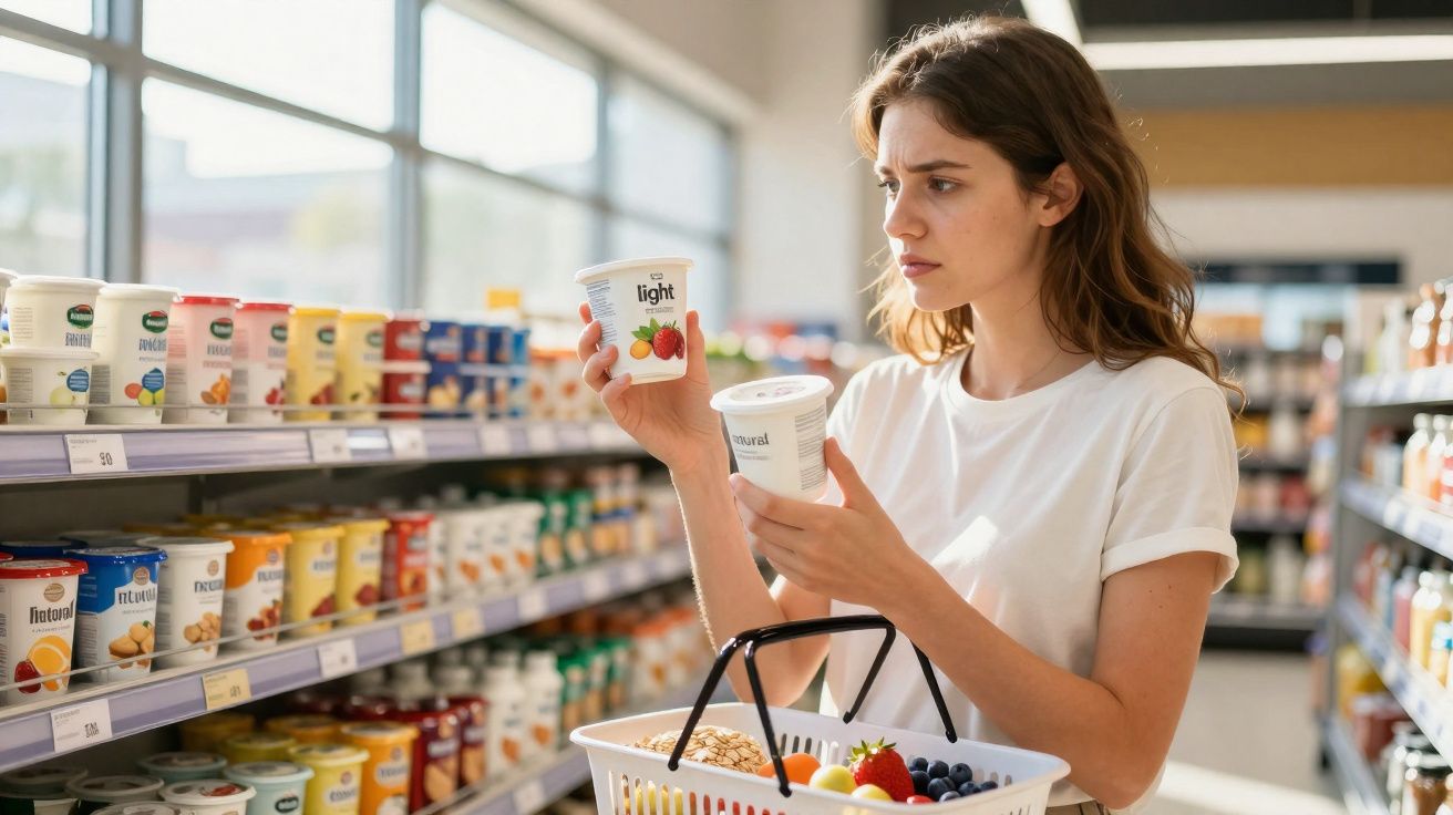 Mulher em supermercado comparando iogurtes na mão enquanto segura cesto com frutas e ovos.