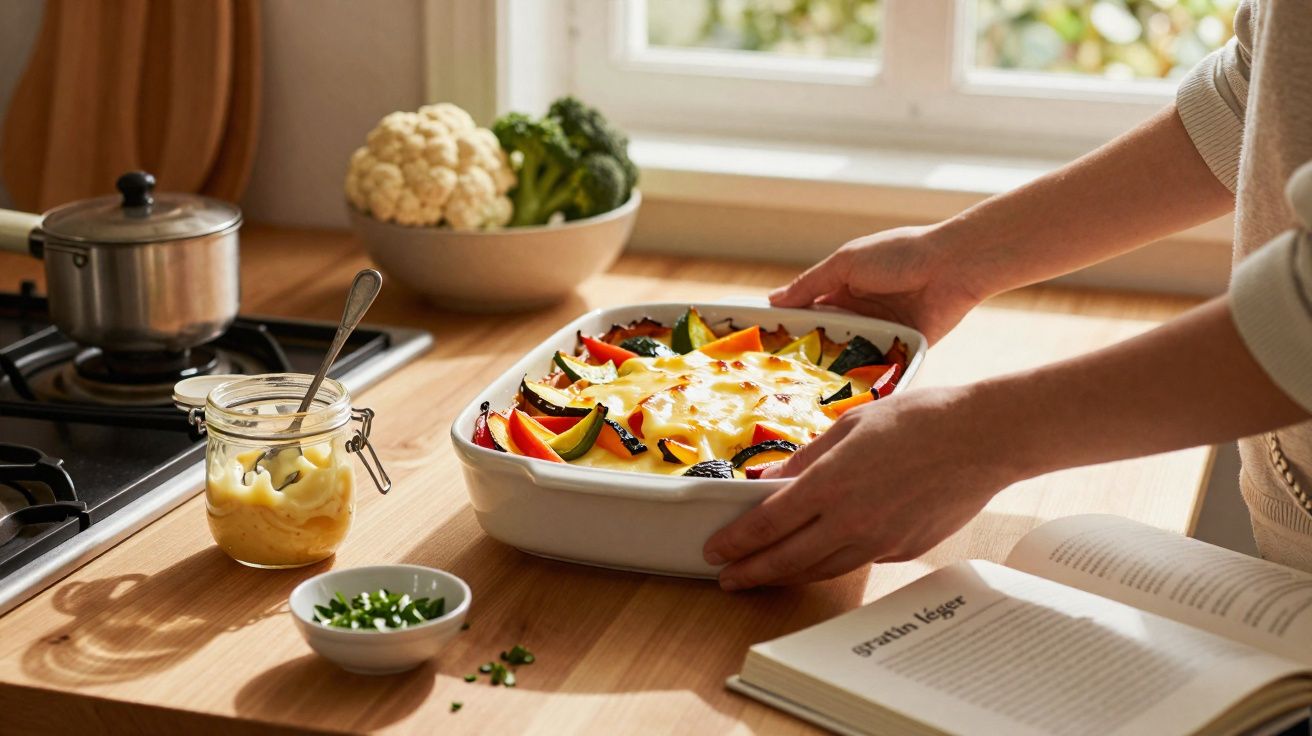 Pessoa a segurar travessa com gratinado de legumes coloridos numa cozinha iluminada junto a livro aberto.