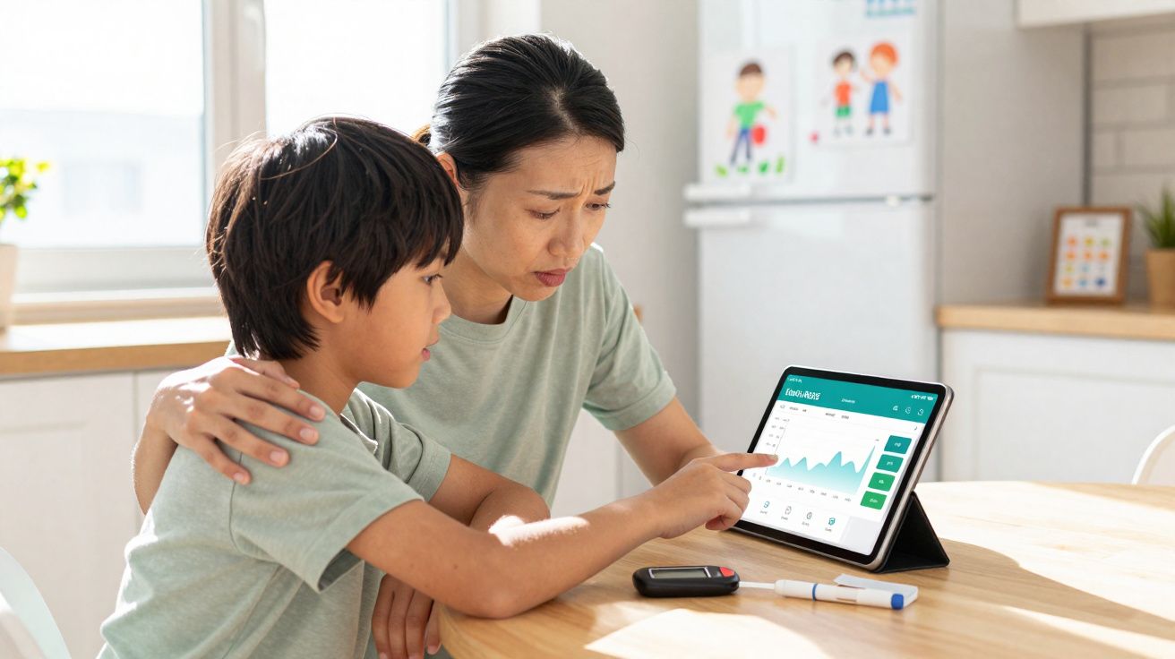 Mulher e menino analisam gráficos de glicemia num tablet, com monitor e lanceta de diabetes na mesa.